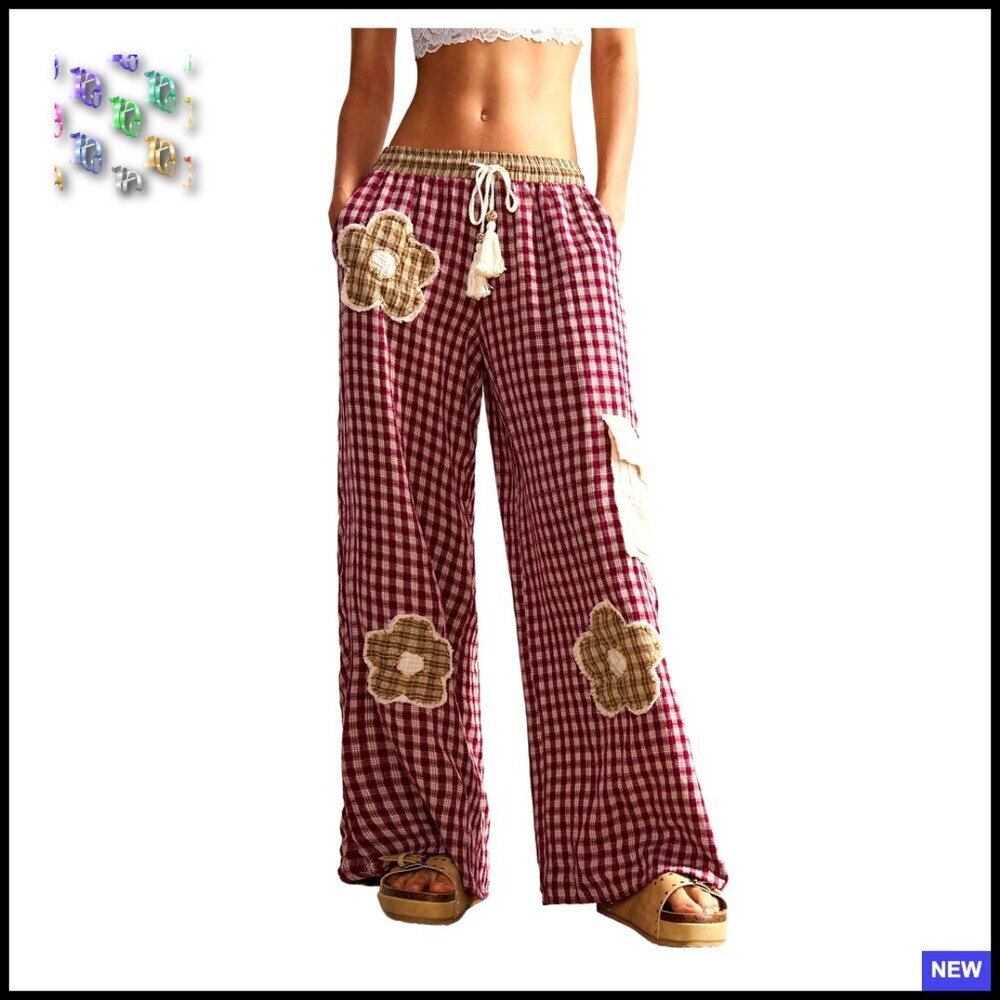 Wide Leg Casual Pants Floral Patch Plaid Drawstring Waist Loose Fit Trousers